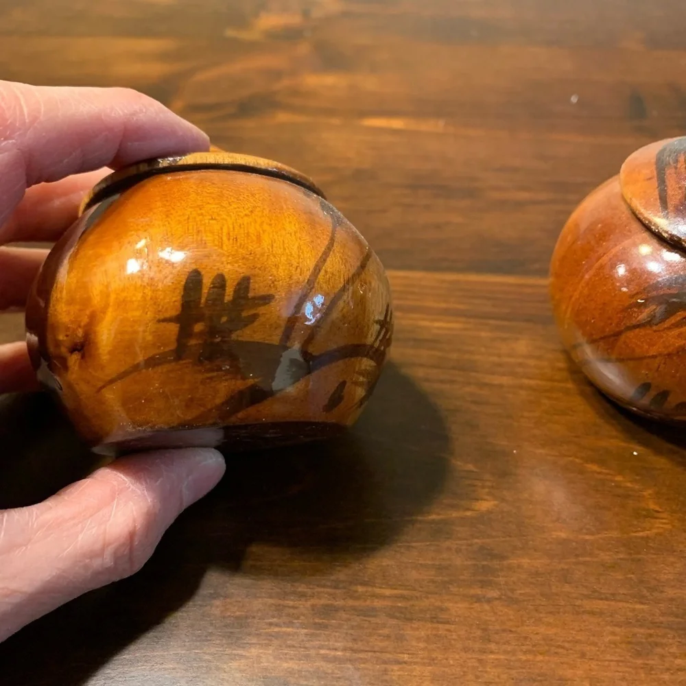 (2) Decorative Hand Carved Turned Wood Bowls with Finial Knob Lids from Haiti
